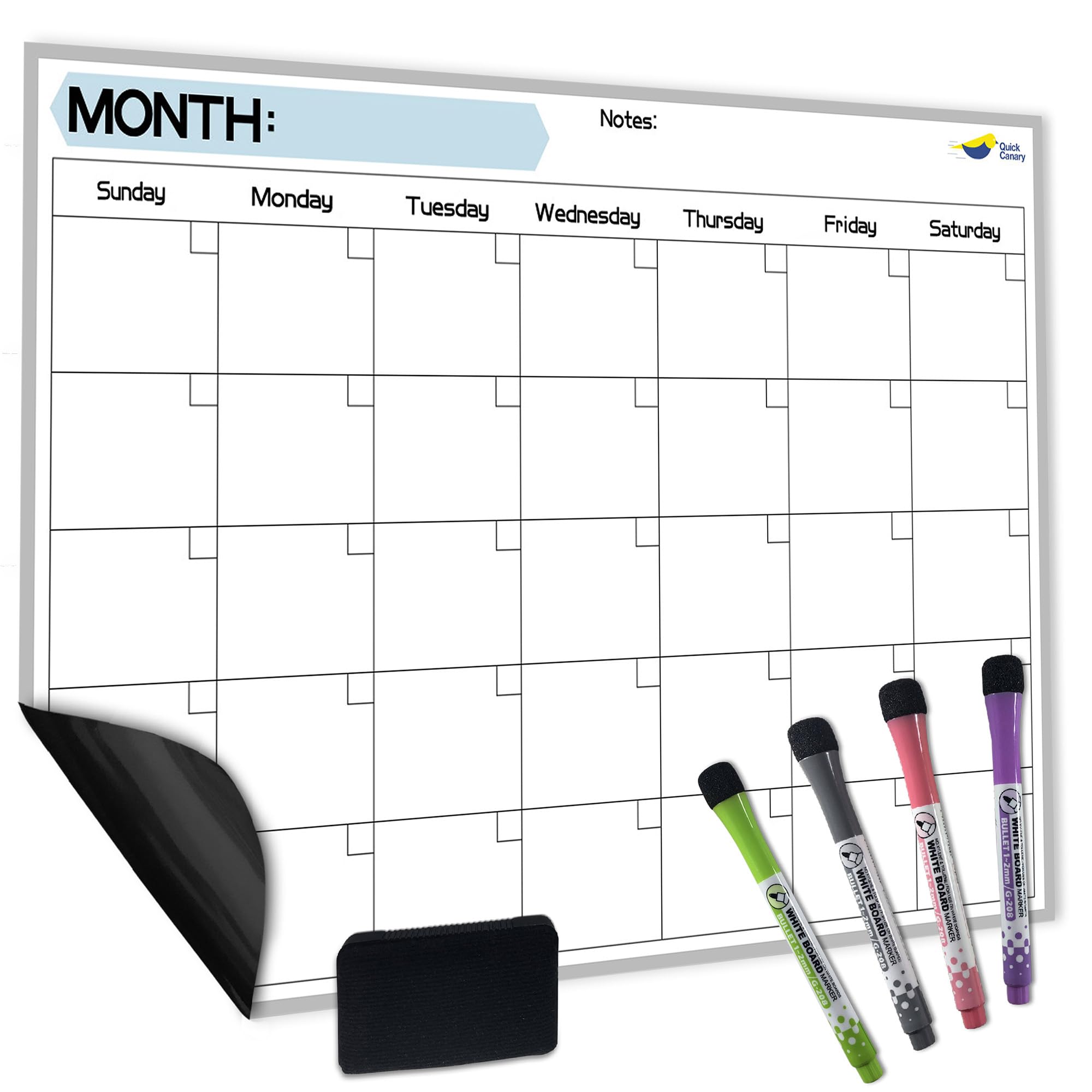 Quick Canary front view of the 17x12 fridge calendar shows clear monthly layout and readability