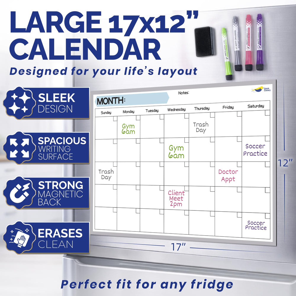 Quick Canary calendar in use on kitchen fridge with family schedules for visible organization