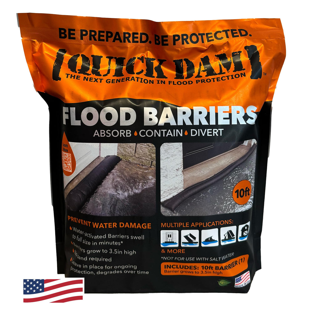 Quick Dam front packaging showing 10ft barrier and fast deployment benefit