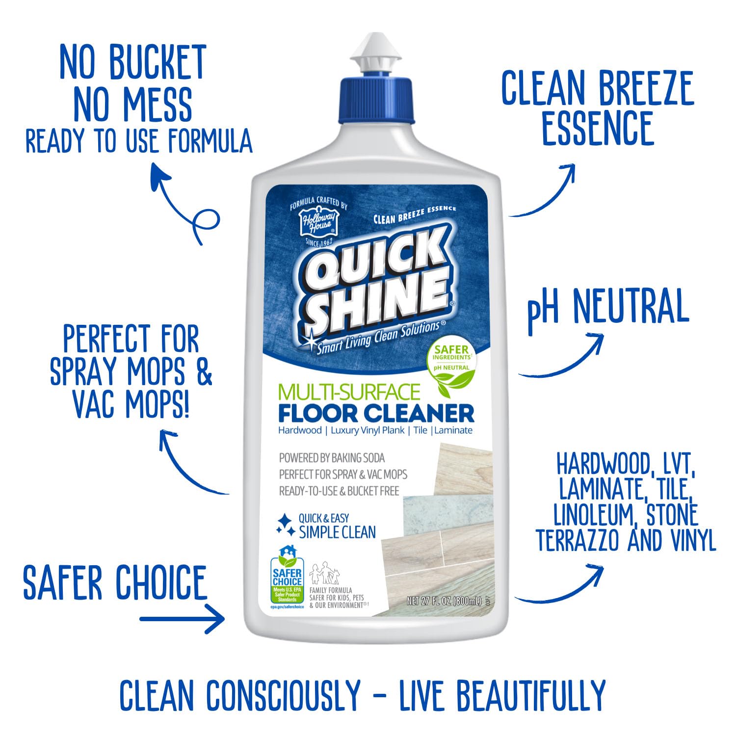 Quick Shine bottle close-up label highlighting Safer Choice and plant-based benefit