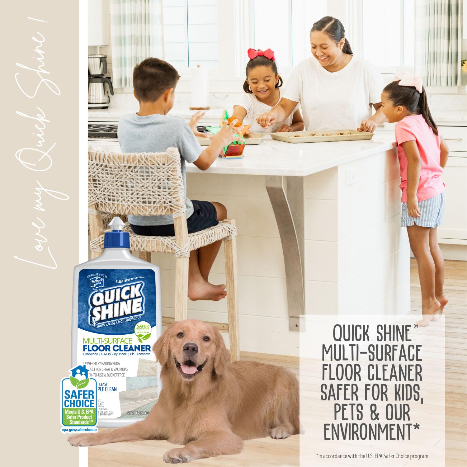 Quick Shine with natural ingredient props emphasizing eco-friendly, safer formulation
