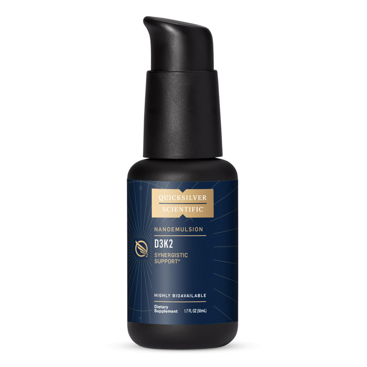 Quicksilver Scientific front bottle view showing fast-absorbing D3K2 benefits