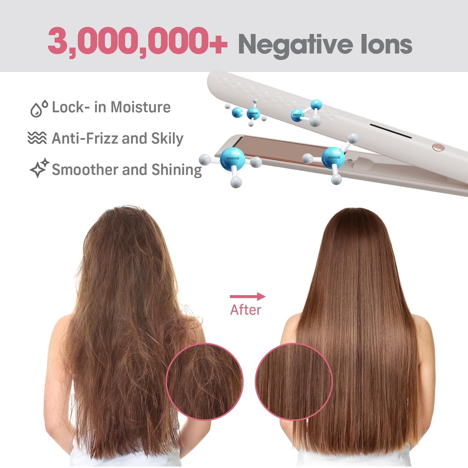 QUICO in use straightening hair delivering sleek, shiny finish quickly