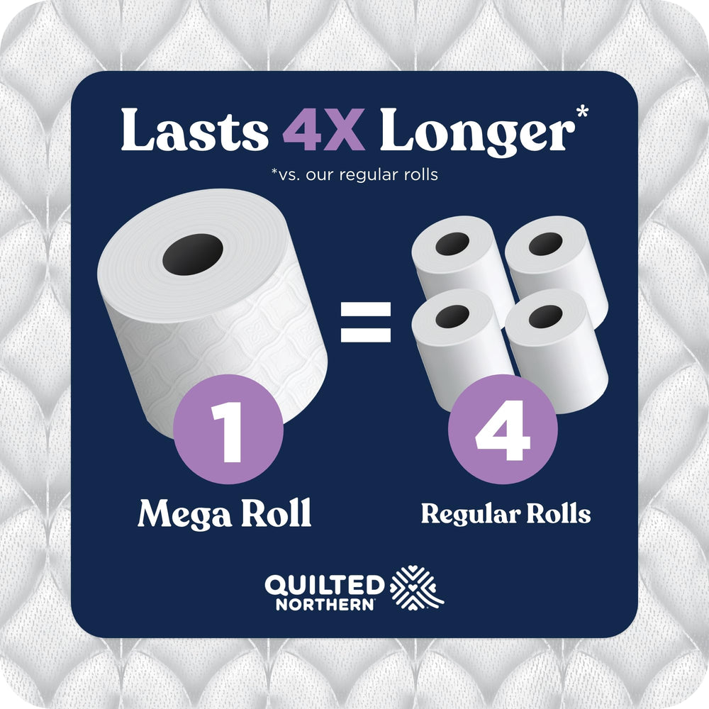 Quilted Northern rolls styled on bathroom shelf conveying premium comfort