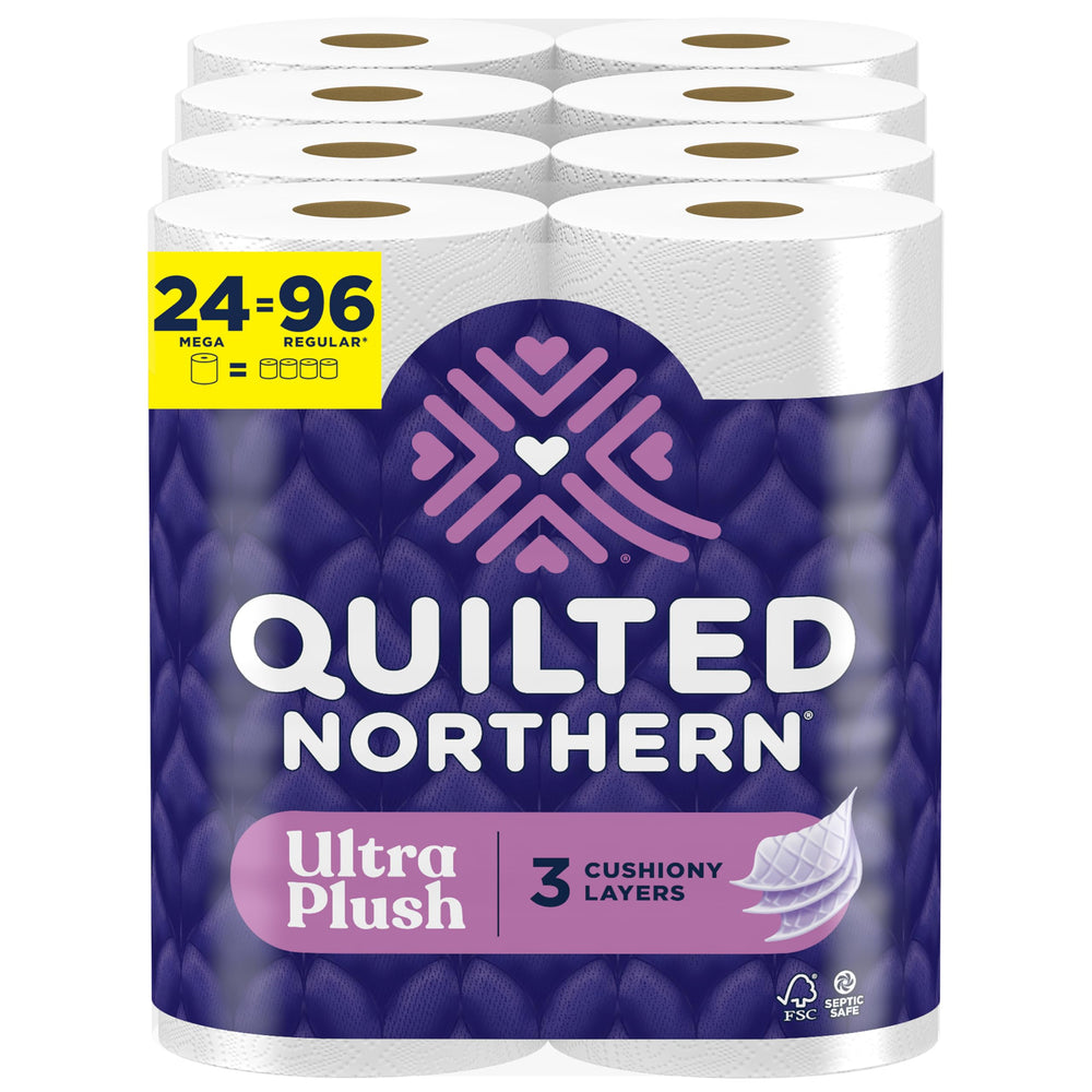 Quilted Northern front package showing 24 Mega Rolls and benefits