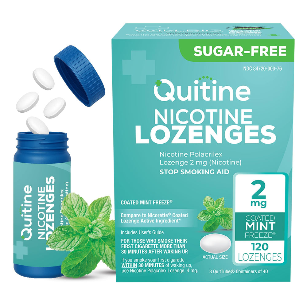 Quitine front packaging showing mint lozenges and count, clear product identity and benefit