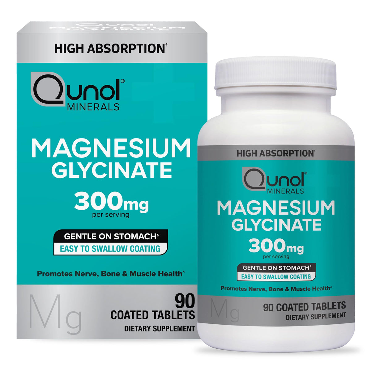 Qunol front packaging of magnesium glycinate showing bottle and label benefits