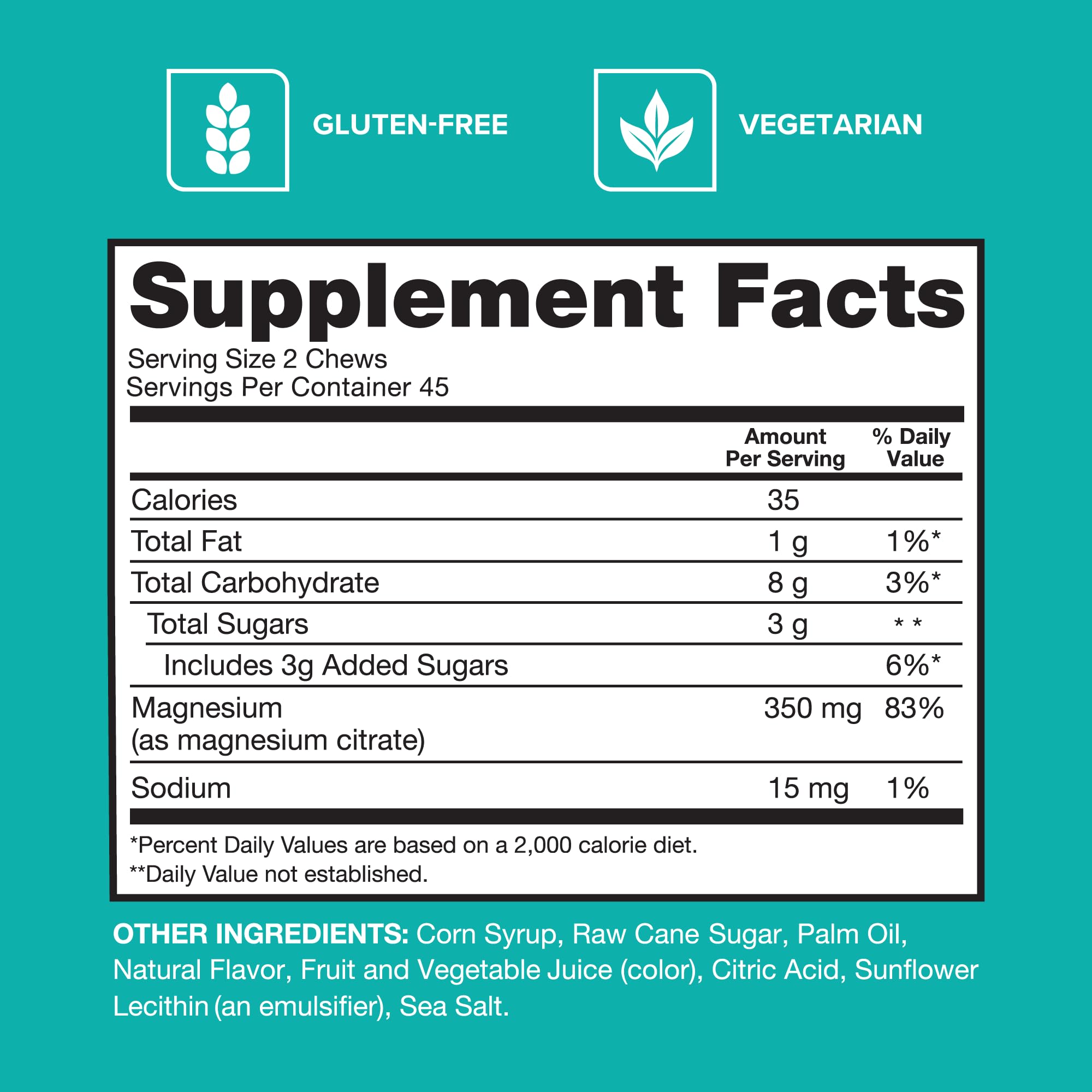 Close-up of Qunol nutrition facts label showing 350mg magnesium per serving for clarity