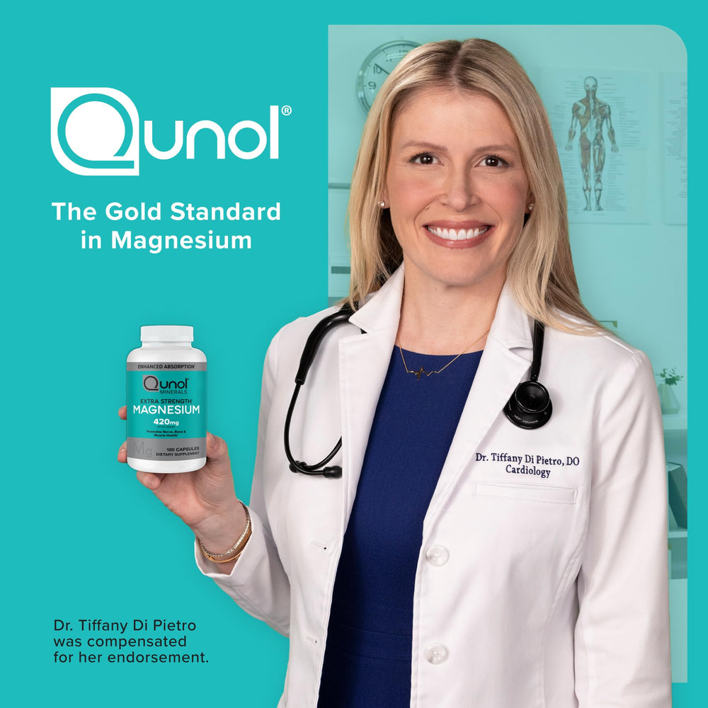 Qunol magnesium bottle on kitchen counter suggesting daily routine and lifestyle use