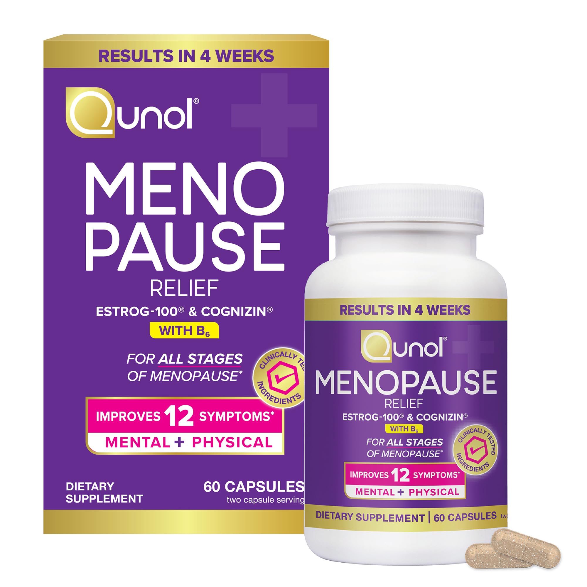 Qunol bottle front view showing menopause relief packaging and benefits