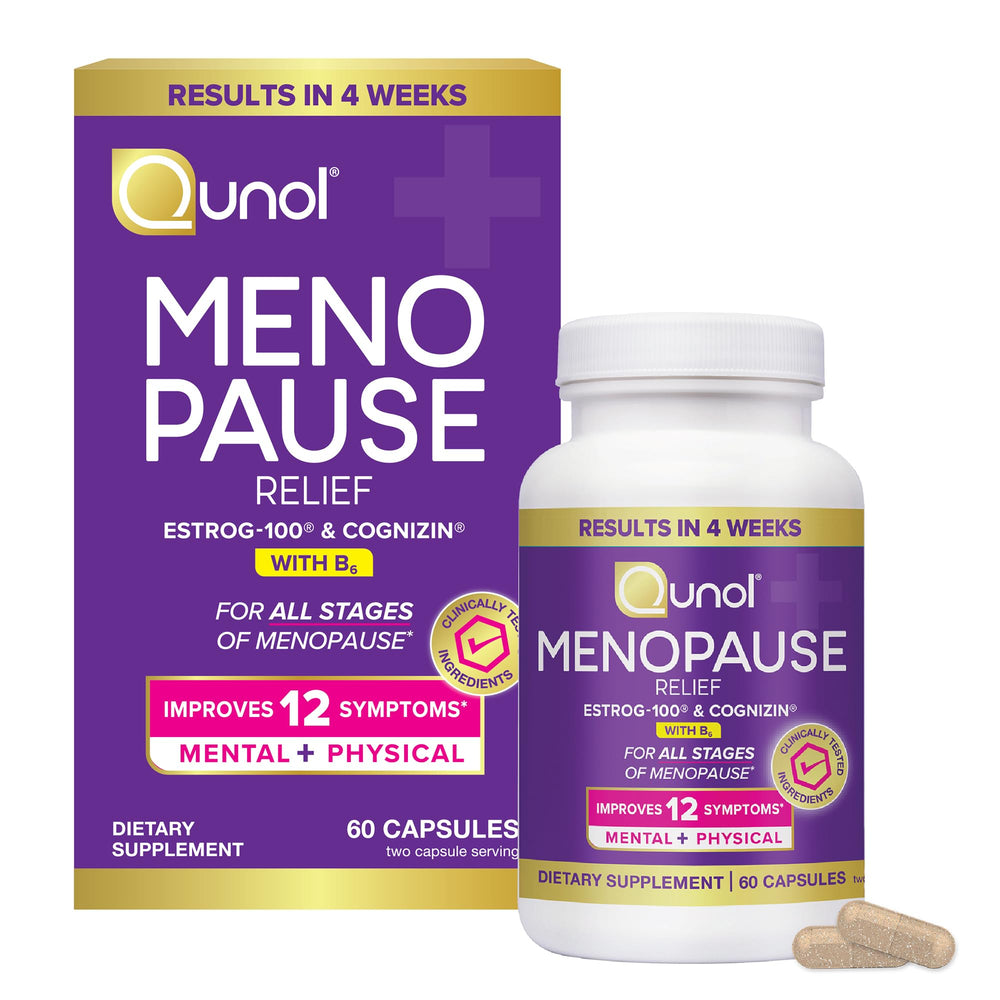 Qunol bottle front view showing menopause relief packaging and benefits