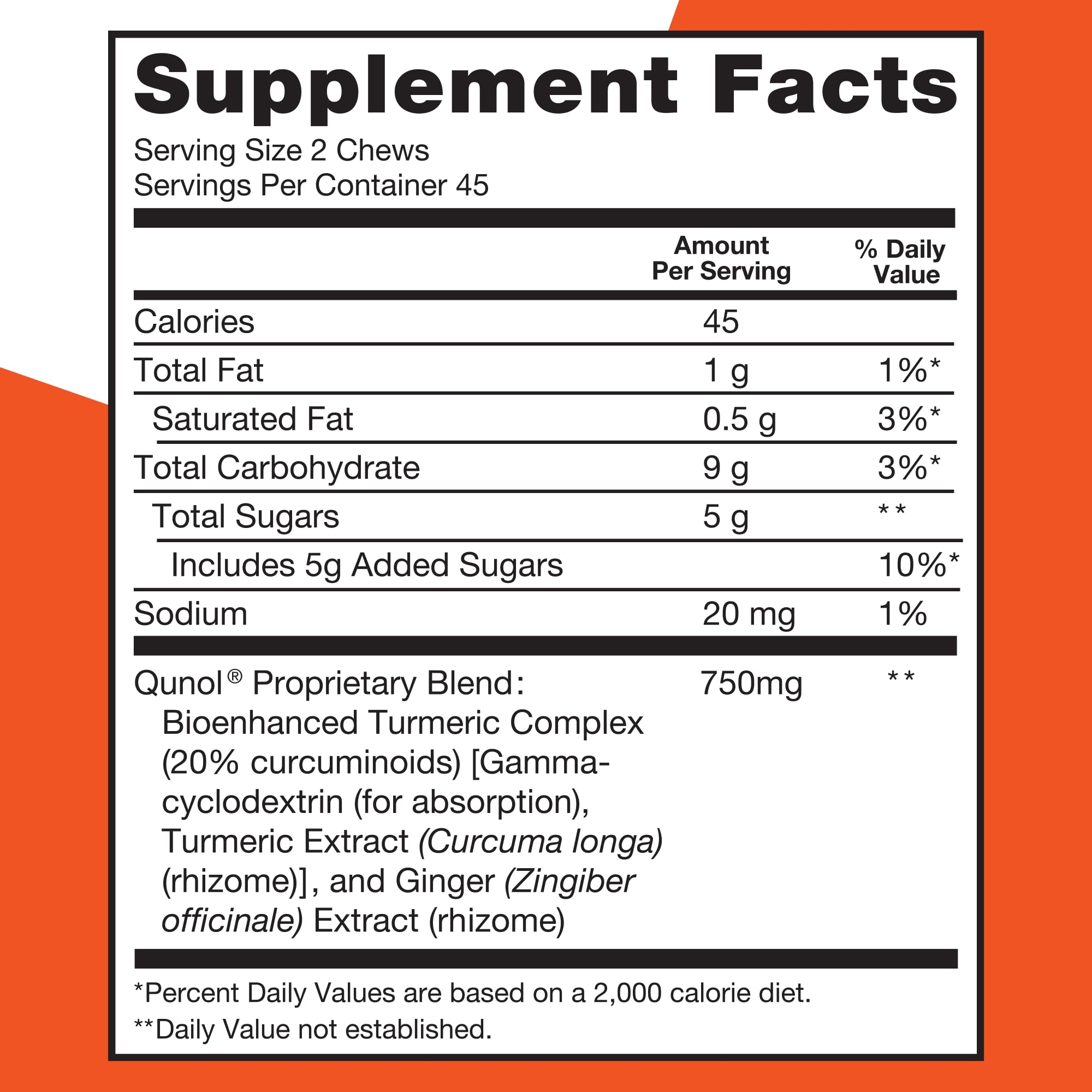 Qunol two-chew serving displayed to show exact 750mg turmeric ginger dose