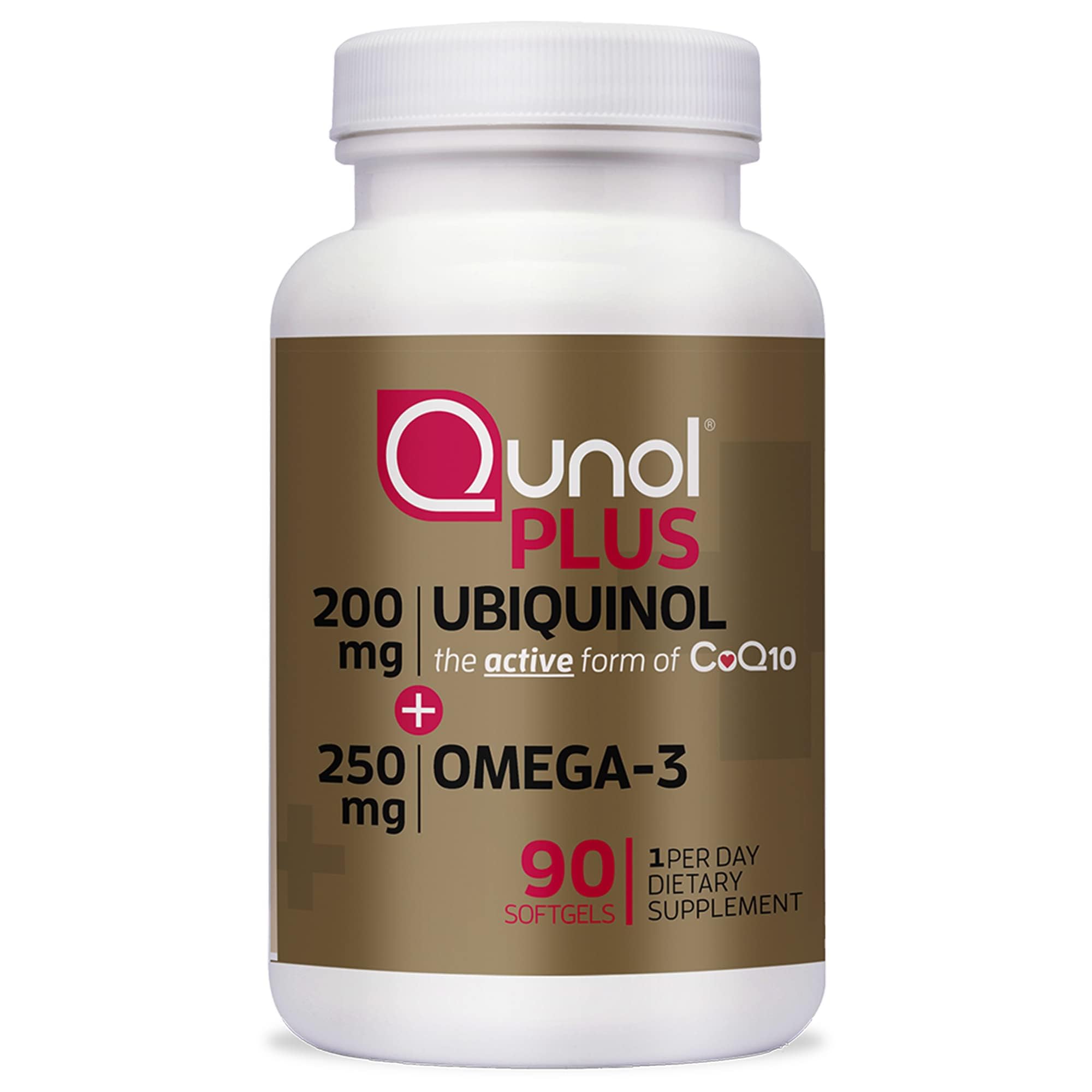 Qunol front packaging showing ubiquinol plus omega-3 benefits