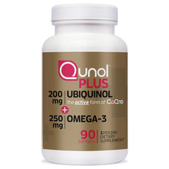 Qunol front packaging showing ubiquinol plus omega-3 benefits