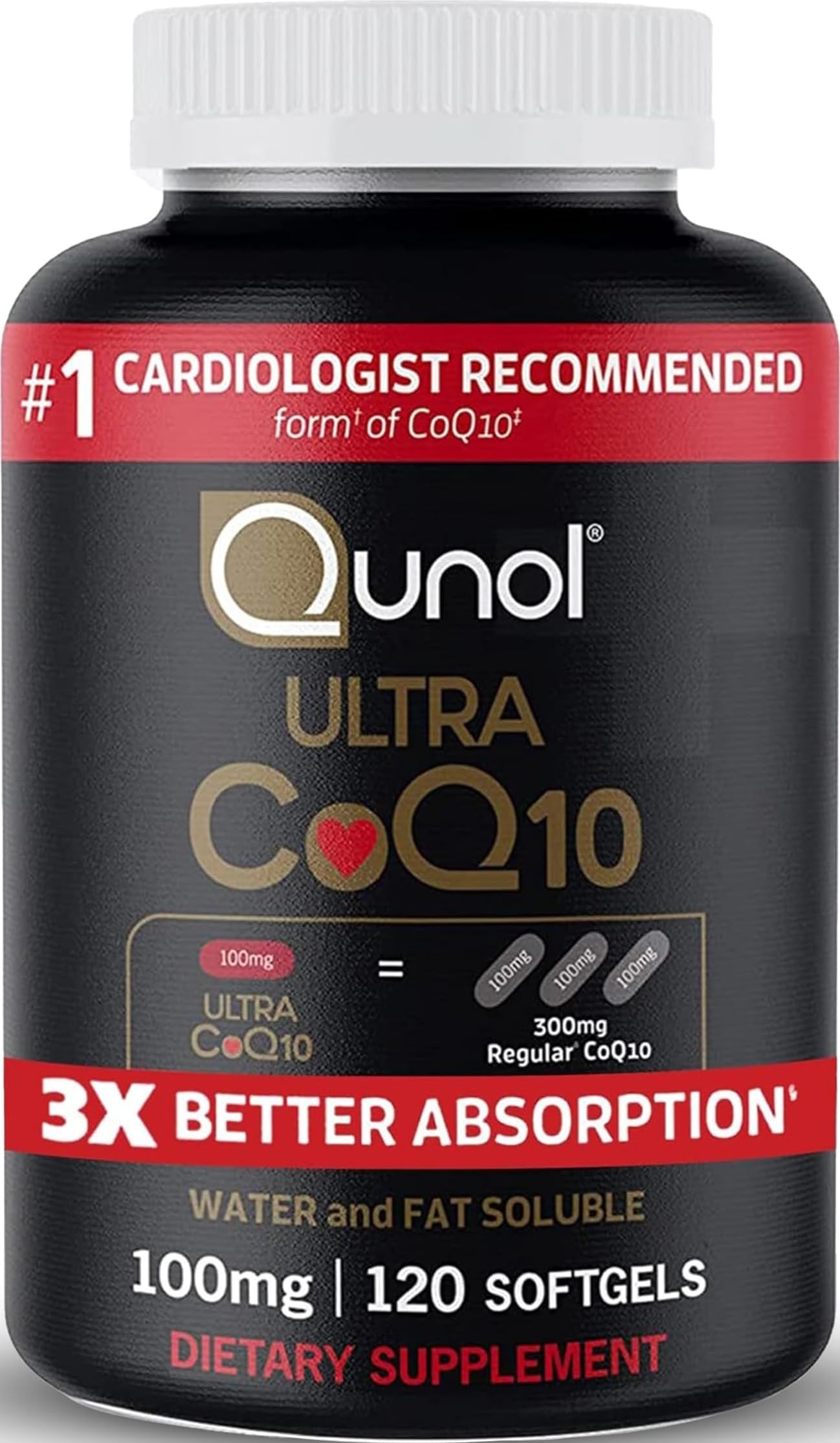 Qunol front label showing product name and 120 softgels, clear identification benefit