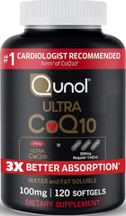 Qunol front label showing product name and 120 softgels, clear identification benefit