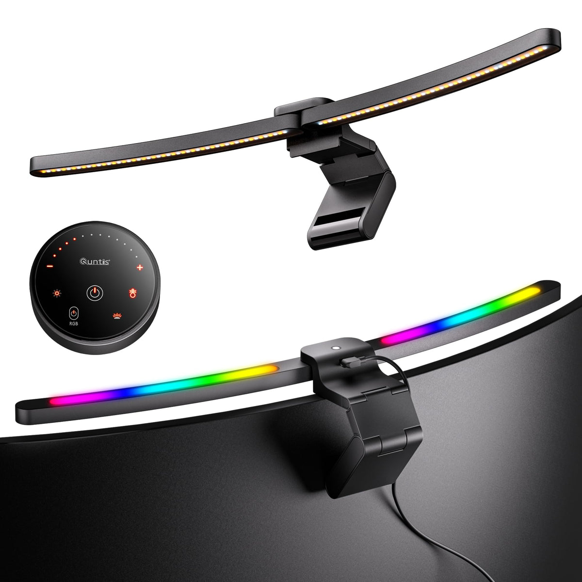 Quntis front view on curved monitor showing balanced desk lighting benefit