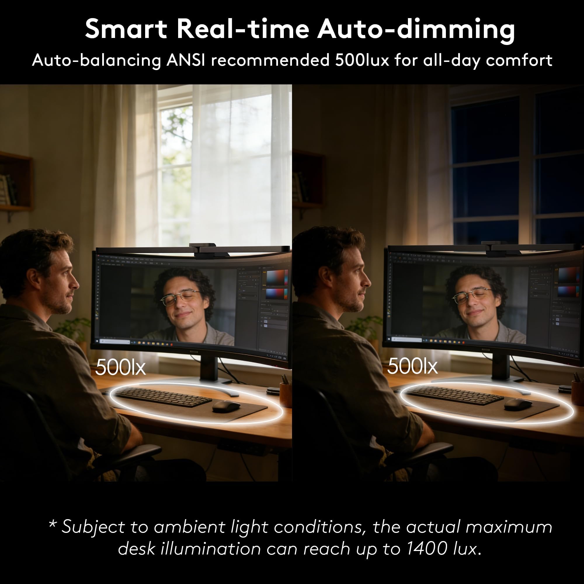 Quntis light on desk demonstrating even illumination and reduced glare benefit