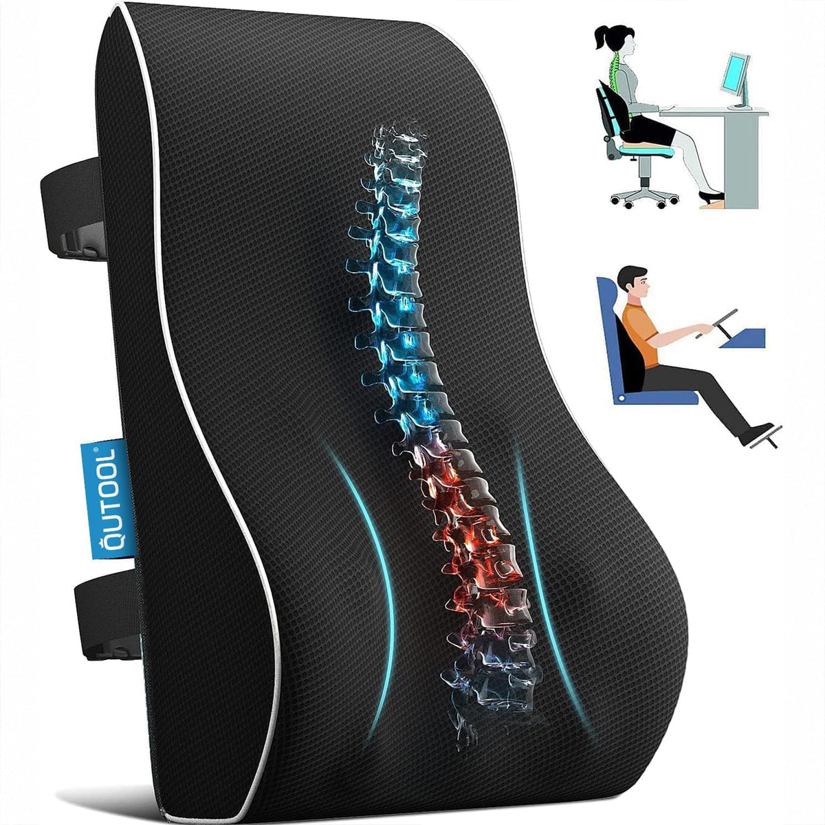 QUTOOL front view lumbar pillow showing ergonomic curve and comfort