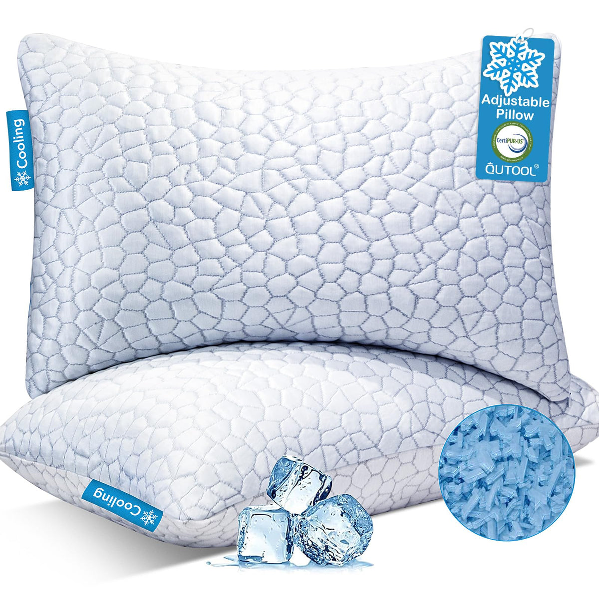 QUTOOL front view of pillow pair showing clean packaging and benefit of ready comfort