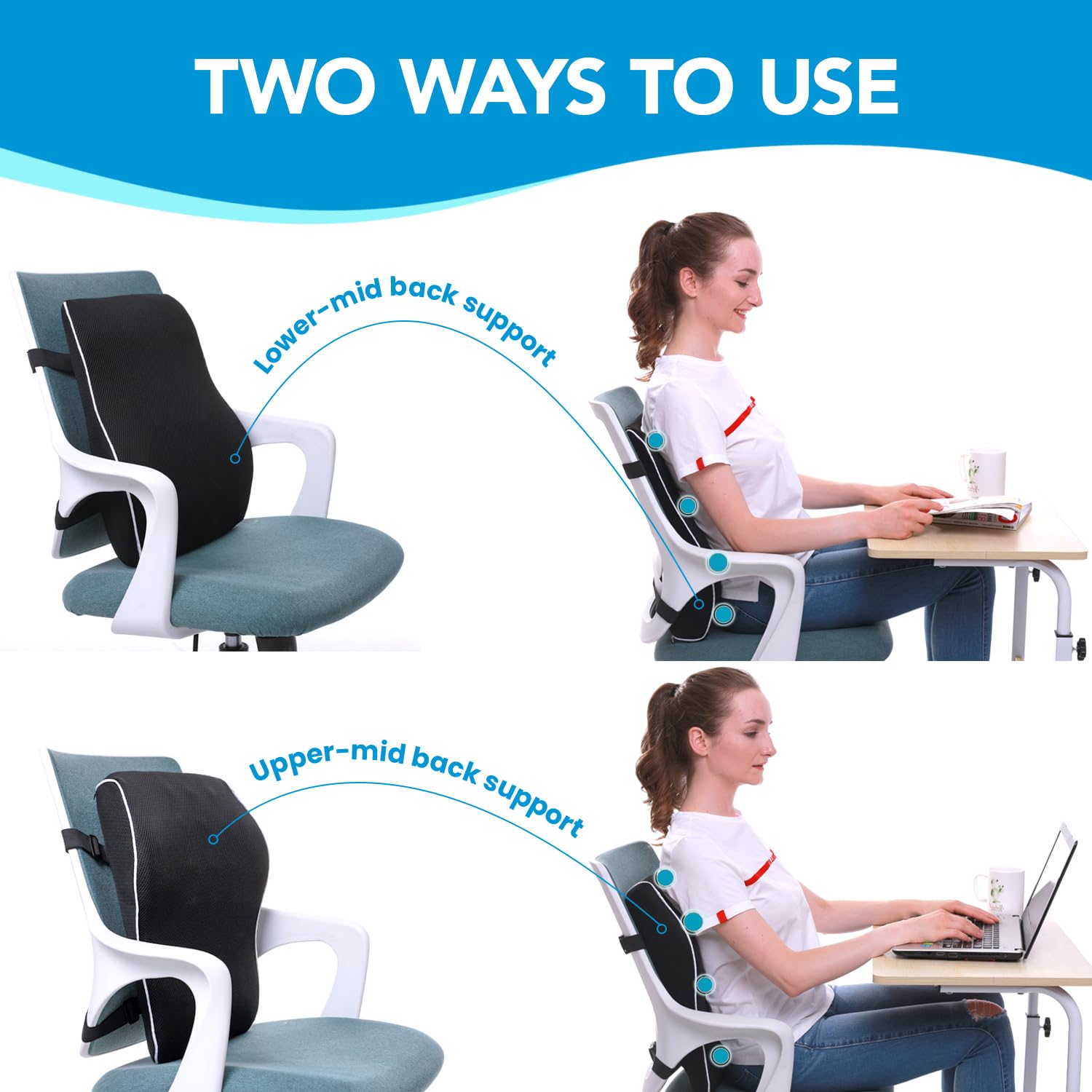 QUTOOL in office chair demonstrating improved seated posture