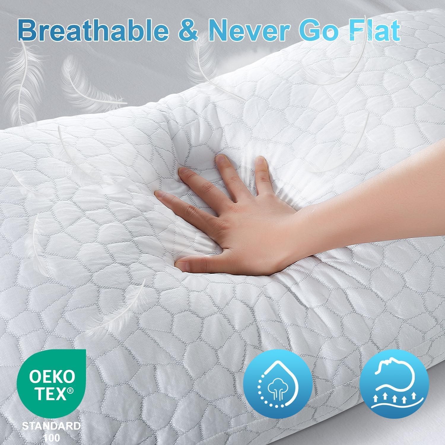 QUTOOL pillow next to hand for size comparison showing standard fit benefit