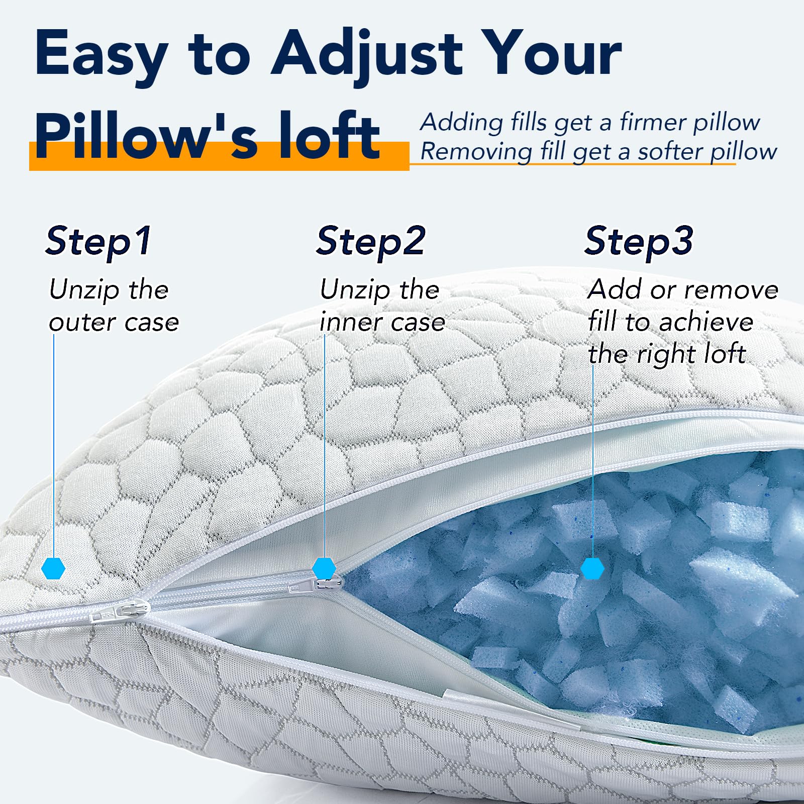 QUTOOL two pillows styled on a mattress showing dual-pillow comfort benefit