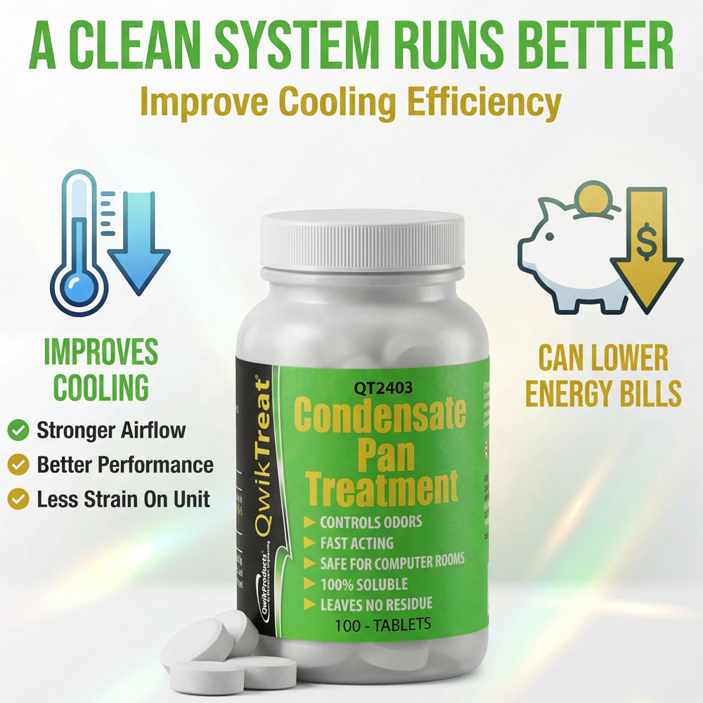 QwikProducts tablet in server room AC pan protecting equipment from odors