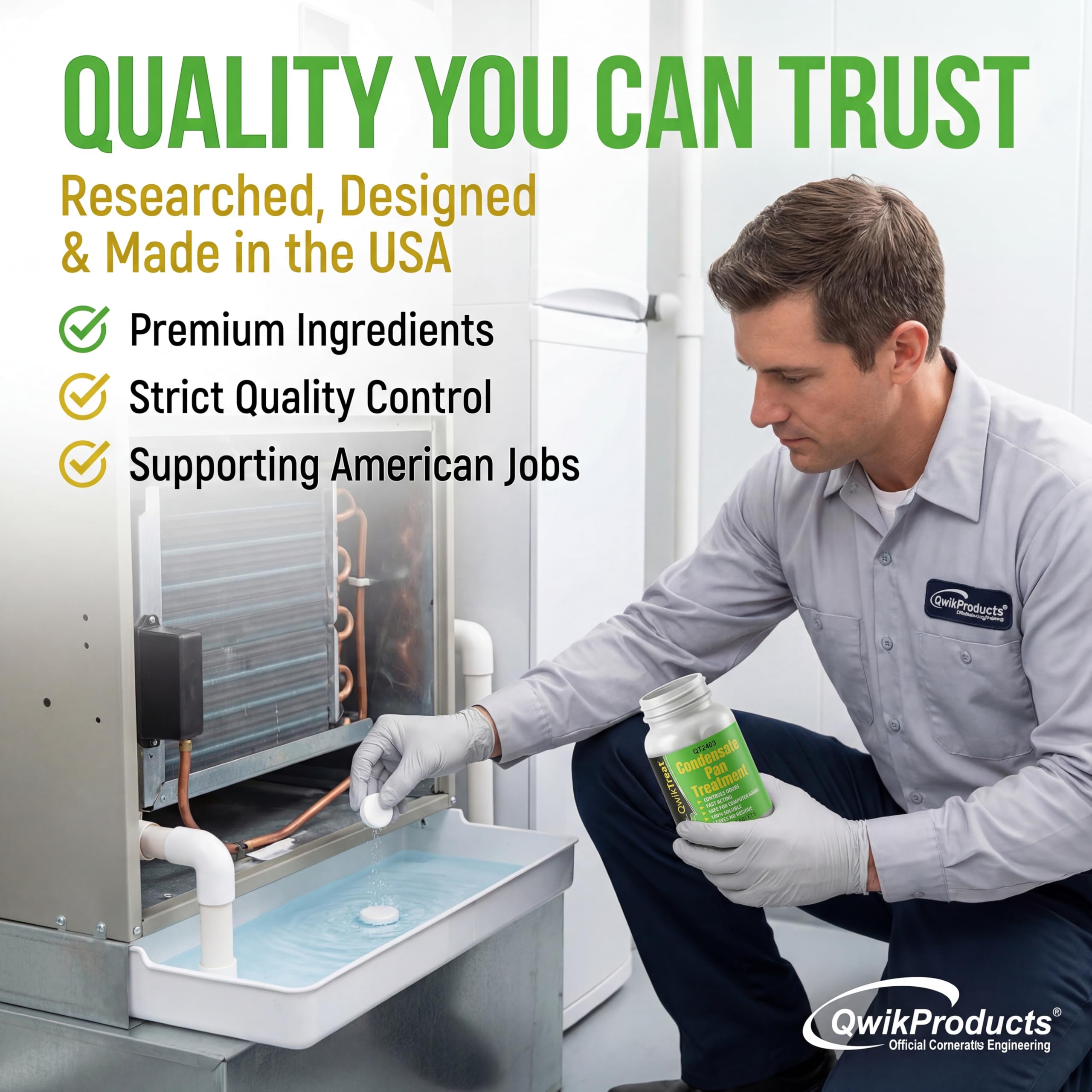QwikProducts tablet near home refrigerator illustrating odor control benefit