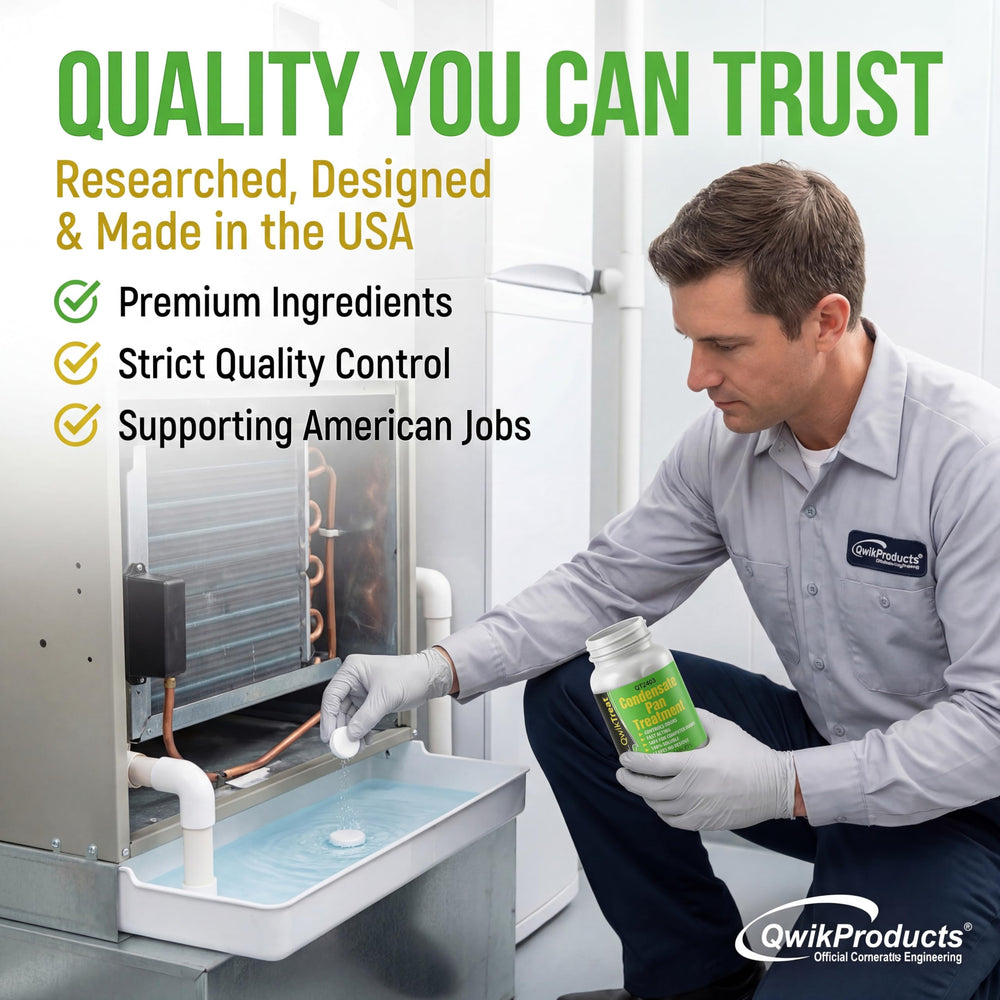 QwikProducts tablet near home refrigerator illustrating odor control benefit