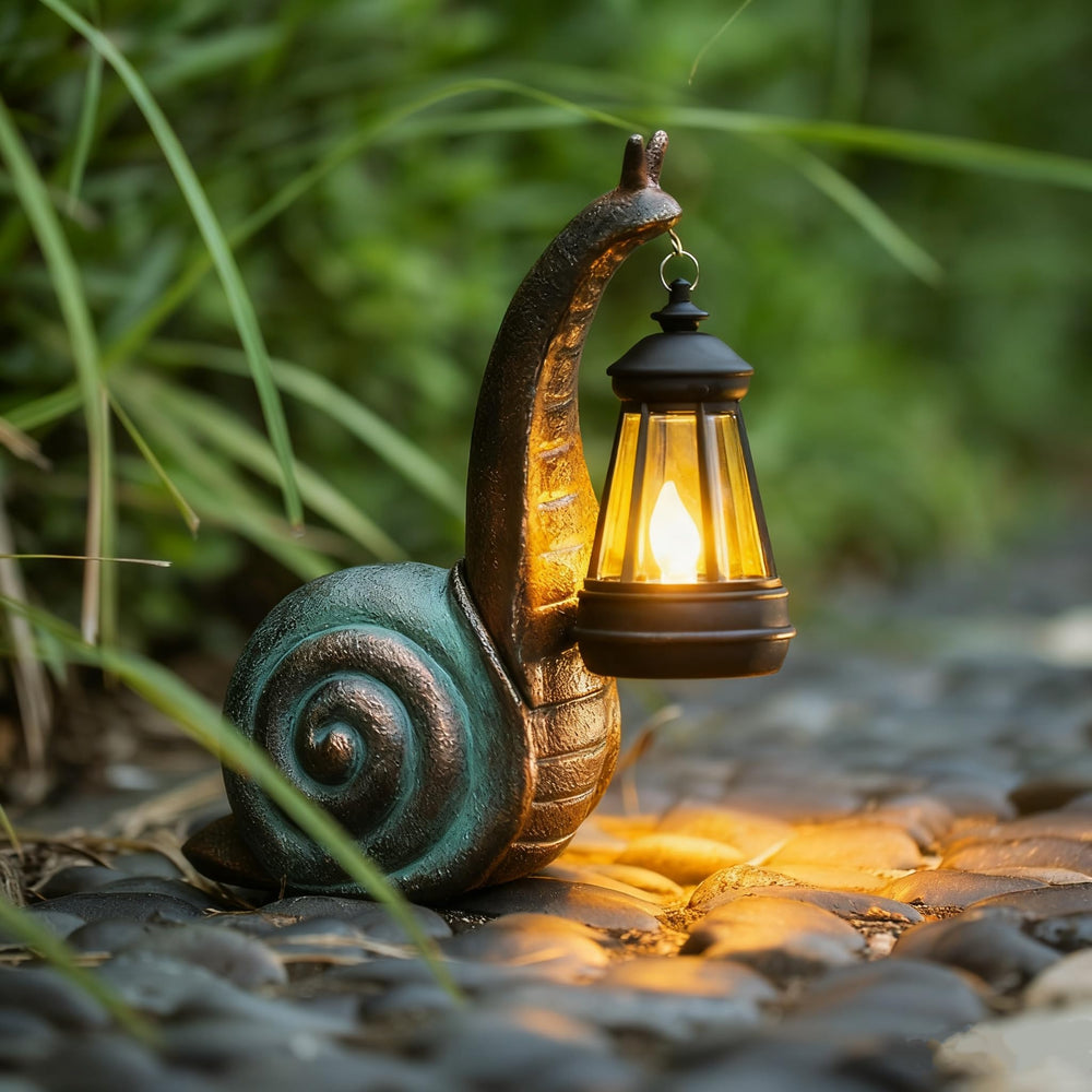 QZJDDZSW front view of snail statue showing decorative silhouette and ambient lighting