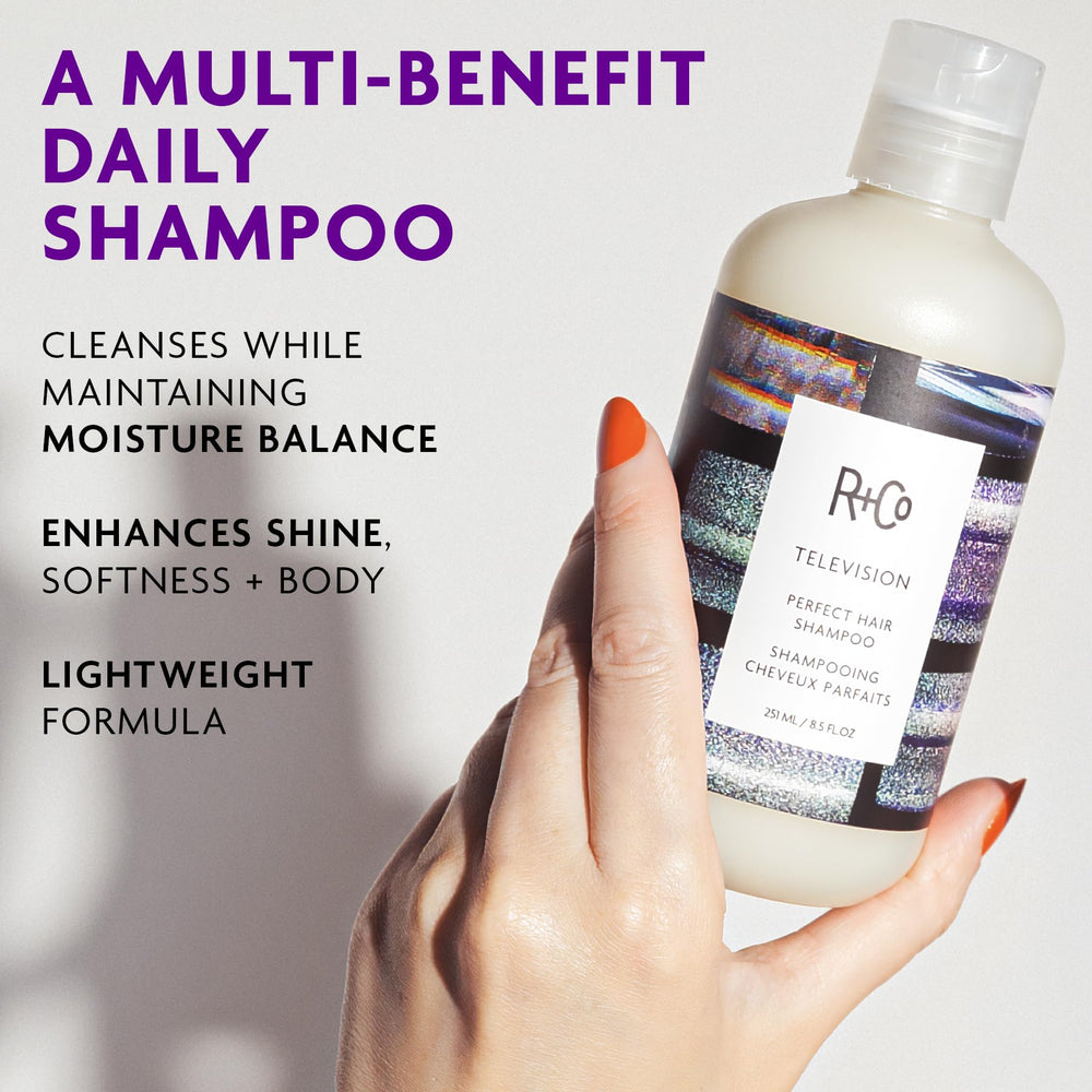 R+Co pump dispensing shampoo foam showing lightweight texture benefit