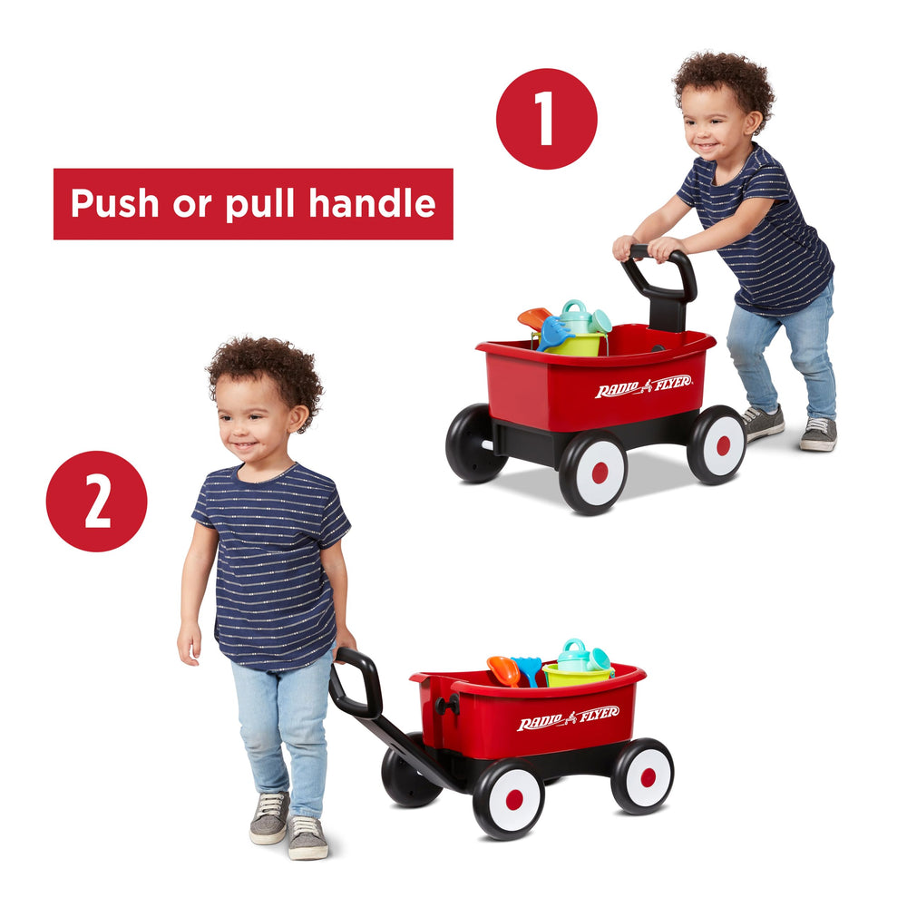 Radio Flyer garden tool set displayed beside wagon to encourage outdoor imaginative play
