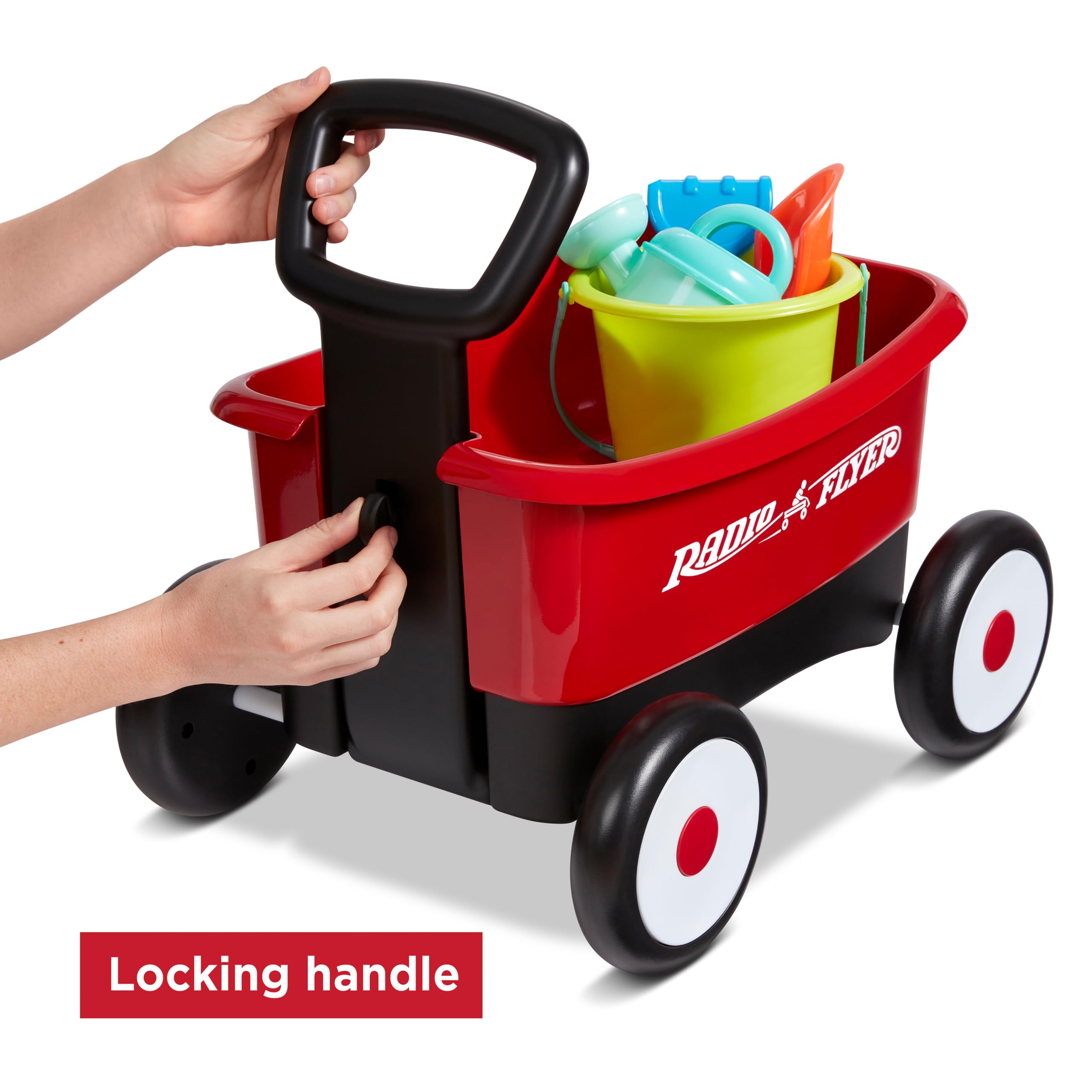 Radio Flyer wagon on grass implying backyard adventures and stable movement across lawns