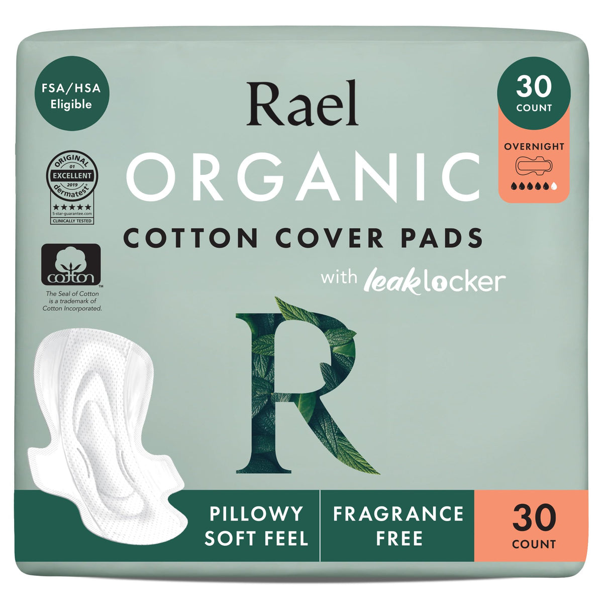 Rael front packaging showing heavy overnight pads and key benefits