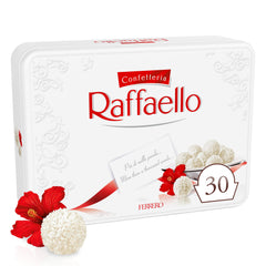 Raffaello front tin packaging showing brand and premium design for gifting