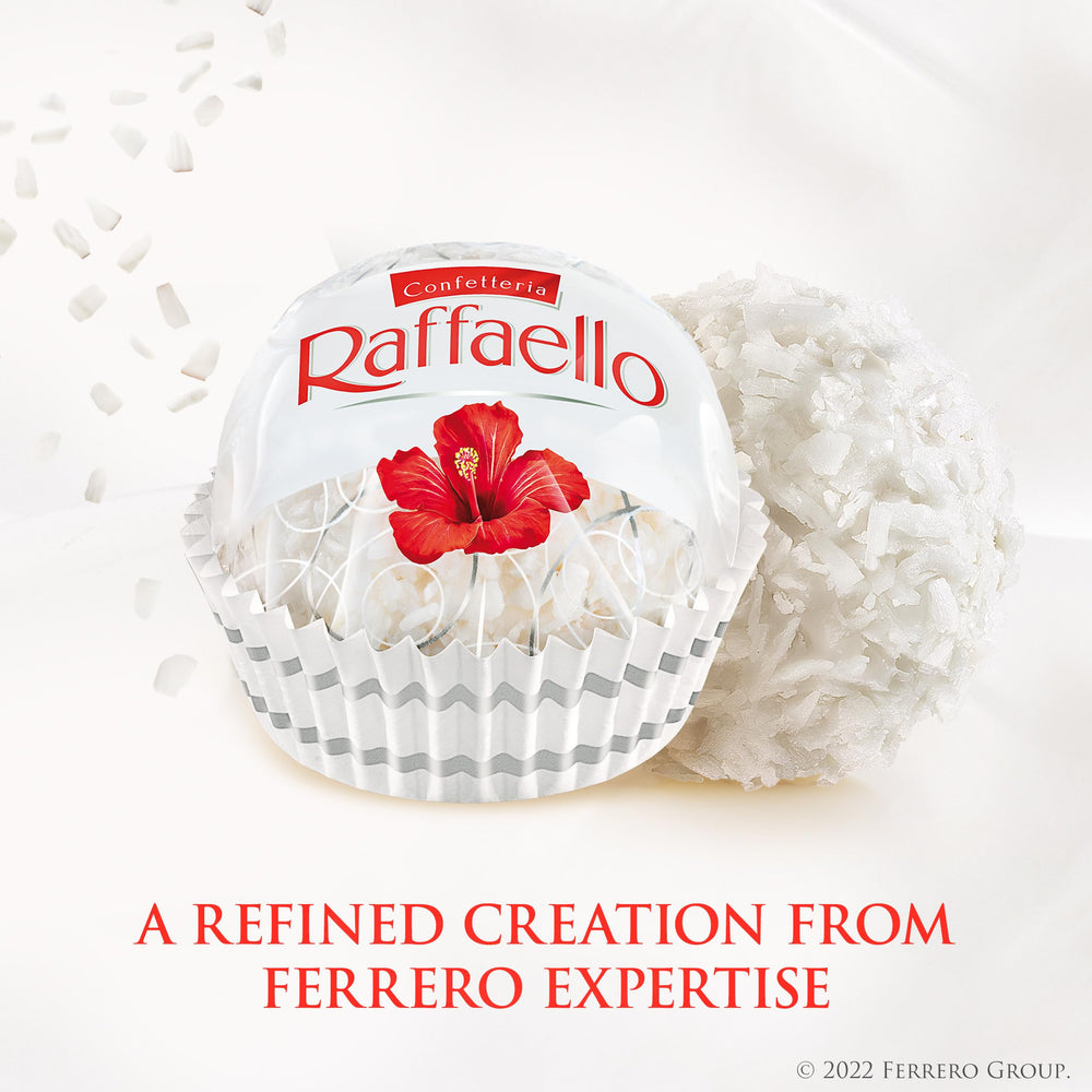 Raffaello open tin and individually wrapped pieces ready to share for convenience