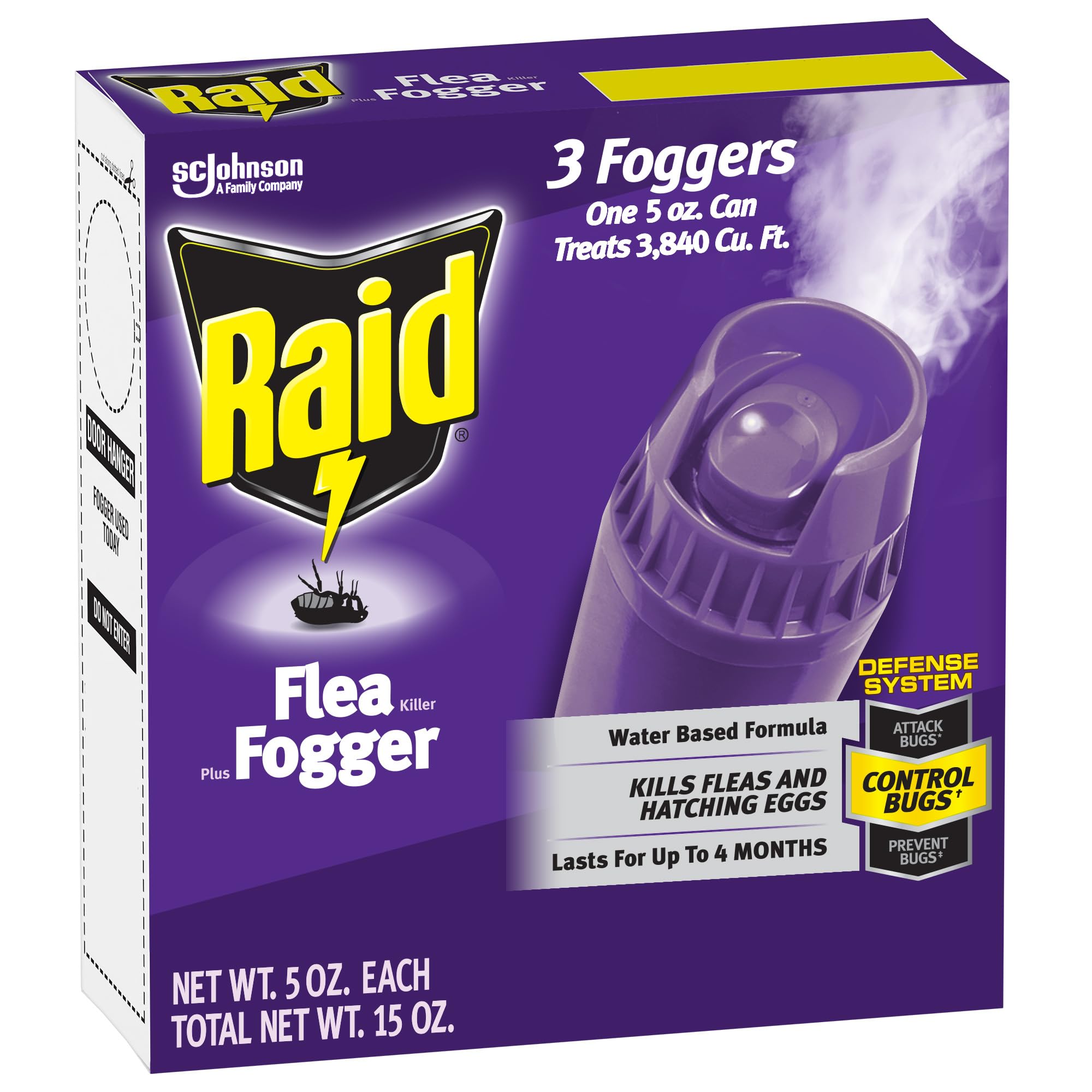Raid fogger front packaging showing three cans and benefits of whole-room control