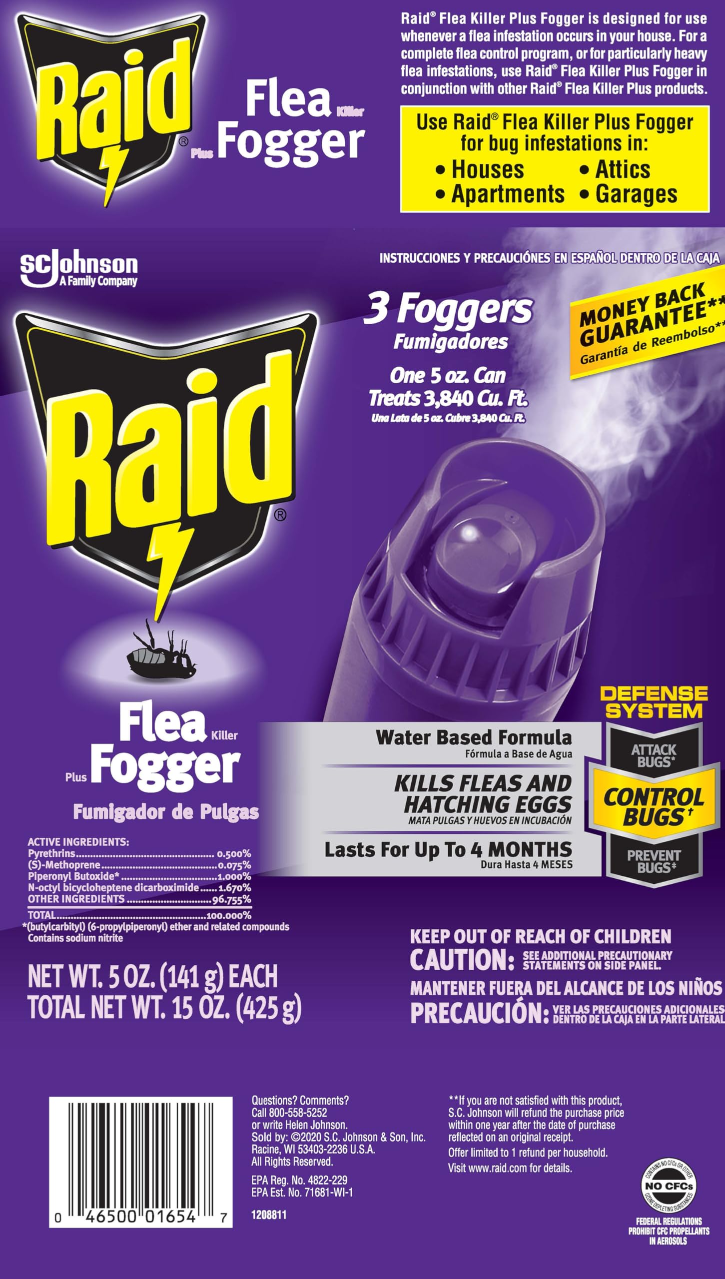 Three Raid flea fogger cans arranged to show quantity and multi-room use