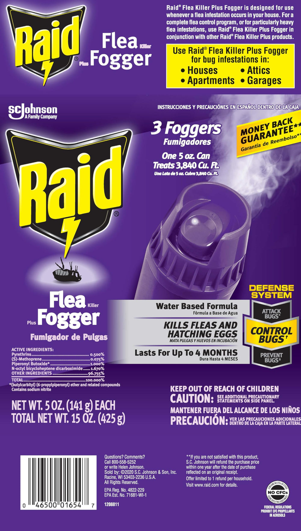 Three Raid flea fogger cans arranged to show quantity and multi-room use
