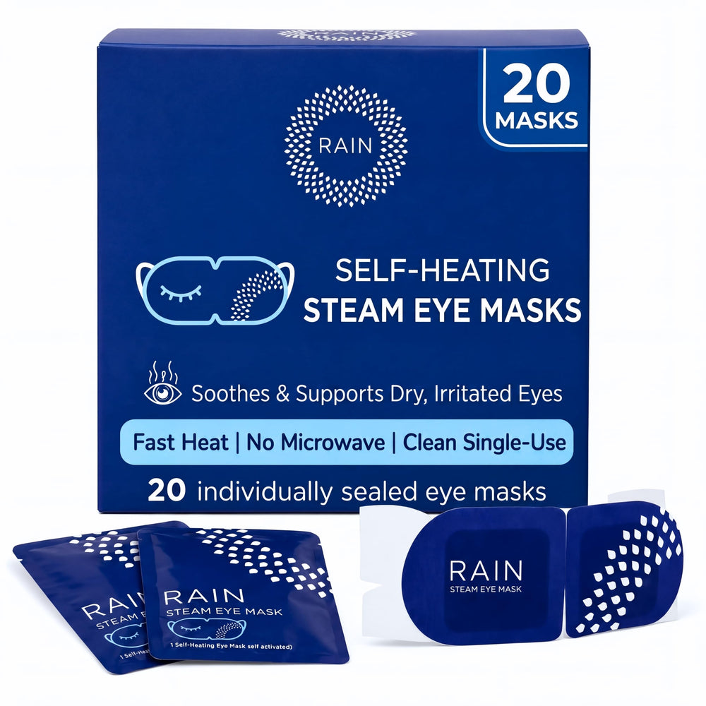 Rain front package showing 20 self-heating steam eye masks for convenience