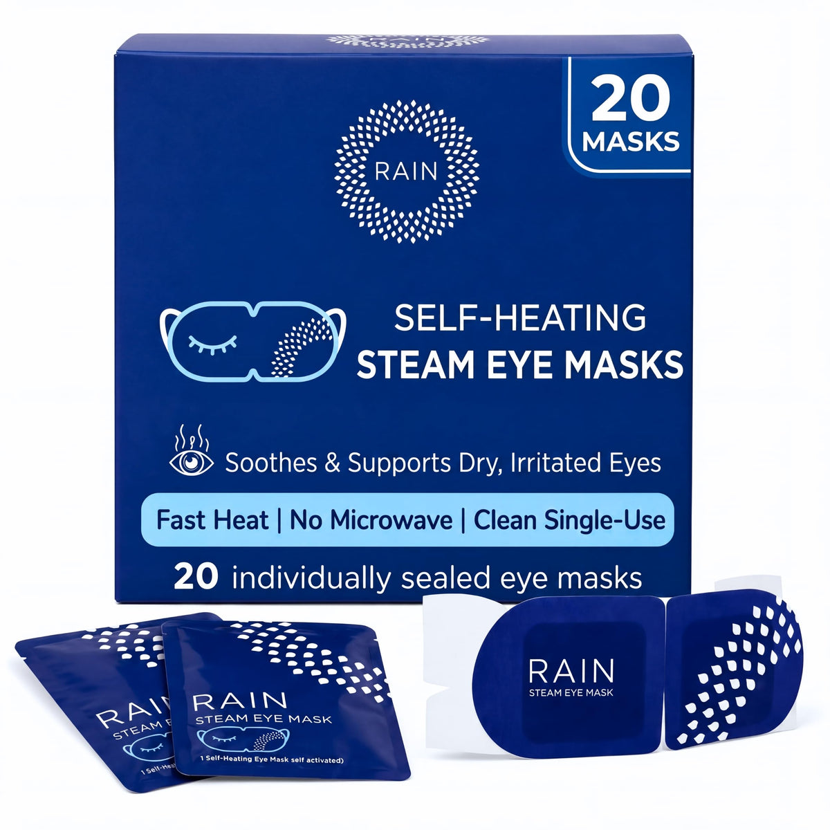 Rain front package showing 20 self-heating steam eye masks for convenience