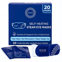 Rain front package showing 20 self-heating steam eye masks for convenience
