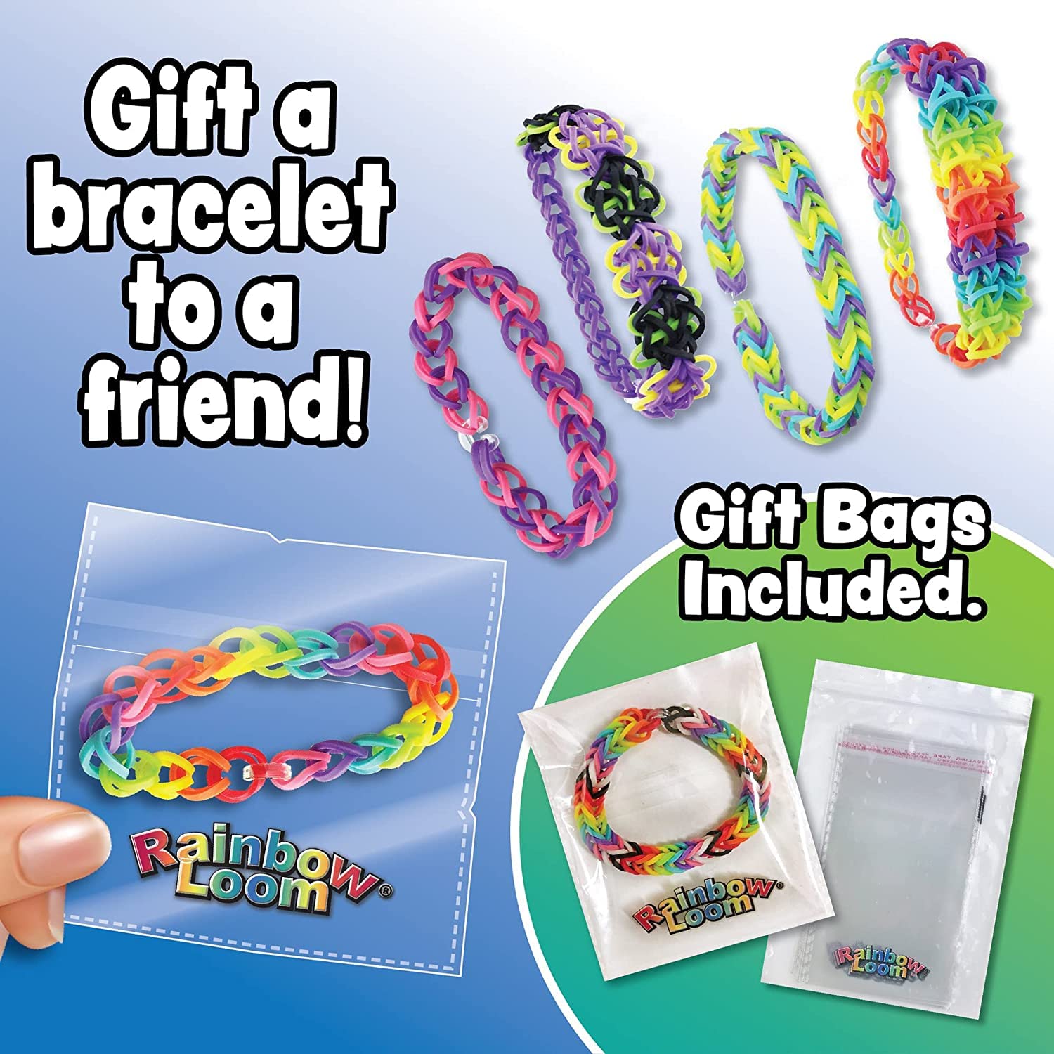 Rainbow Loom kit next to hand showing scale and travel readiness