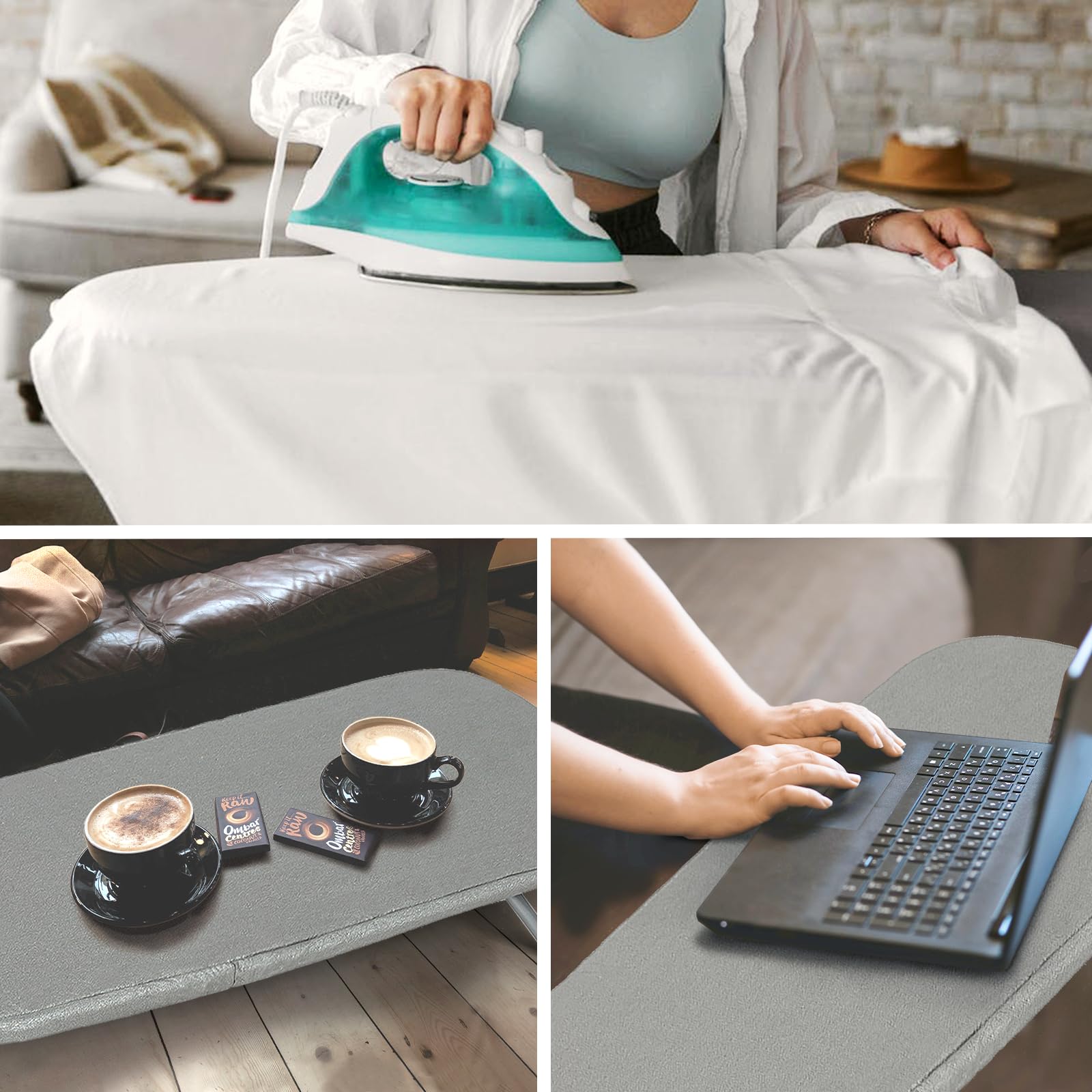RAINHOL in use on a dining table demonstrating portable ironing convenience