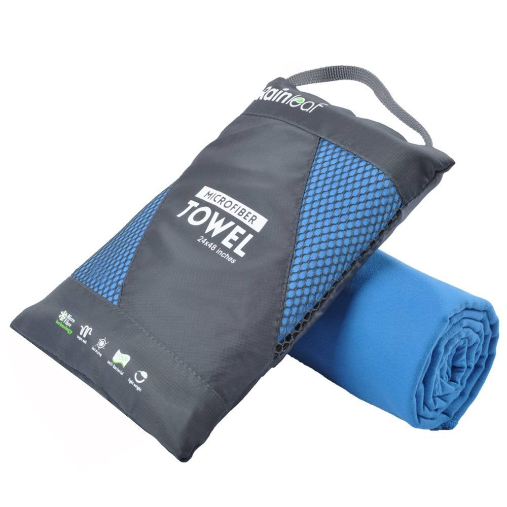 Rainleaf front view showing compact towel and carry bag for easy packing
