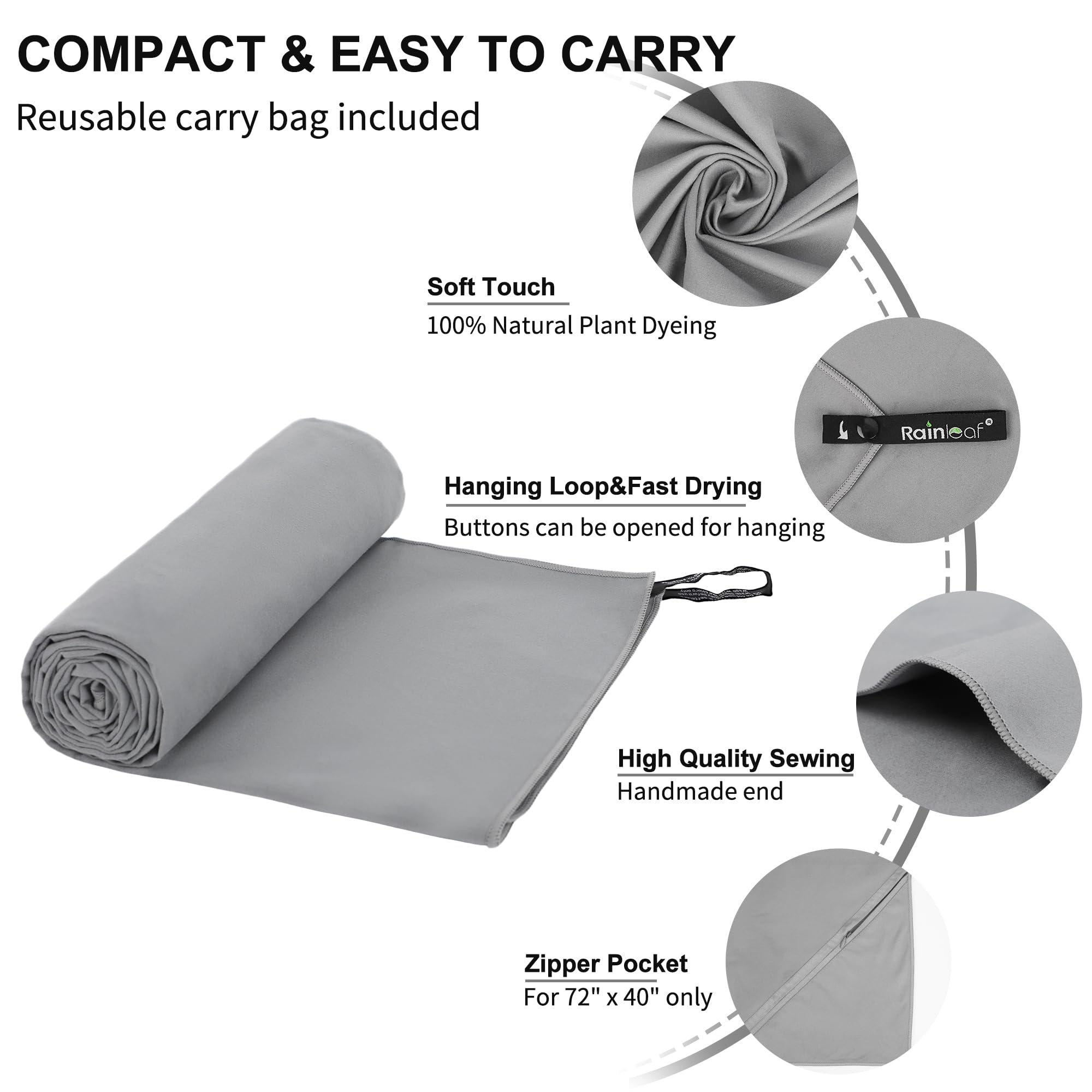 Rainleaf folded towel inside ventilated carry bag for easy packing