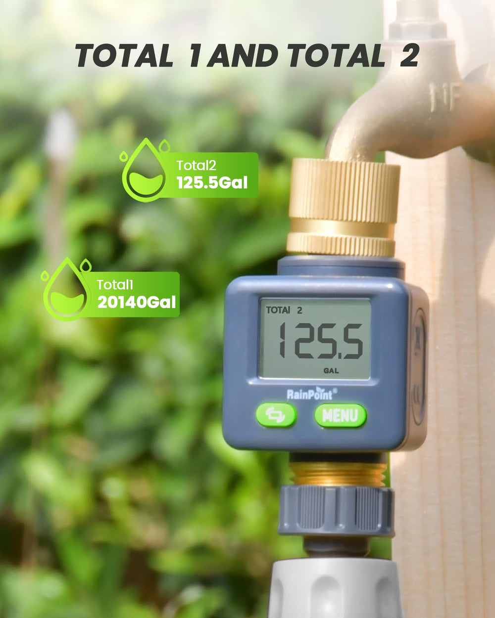 RAINPOINT connected to garden sprinkler showing irrigation consumption tracking