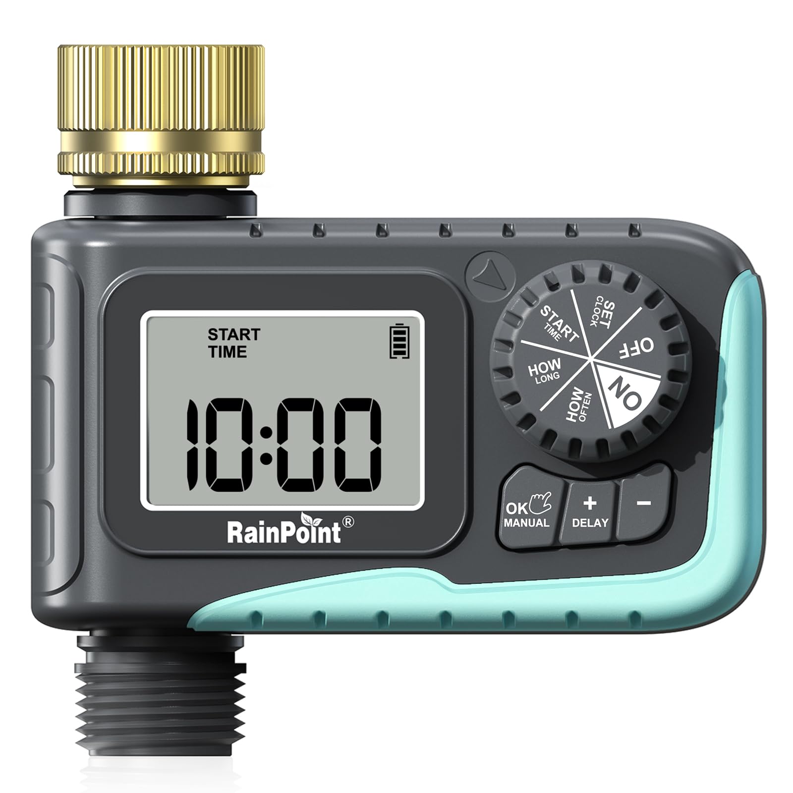 RAINPOINT brass inlet front view showing durable connection and leak resistance