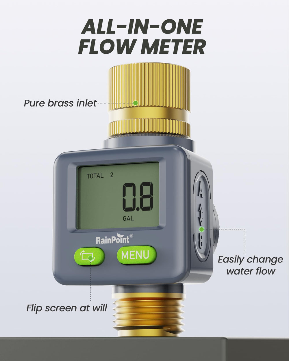 RAINPOINT close-up of brass inlet and metal threads ensuring leak-resistant fit